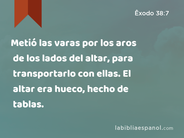 Metió las varas por los aros de los lados del altar, para transportarlo con ellas. El altar era hueco, hecho de tablas. - Êxodo 38:7