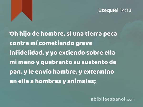 'Oh hijo de hombre, si una tierra peca contra mí cometiendo grave infidelidad, y yo extiendo sobre ella mi mano y quebranto su sustento de pan, y le envío hambre, y extermino en ella a hombres y animales; - Ezequiel 14:13