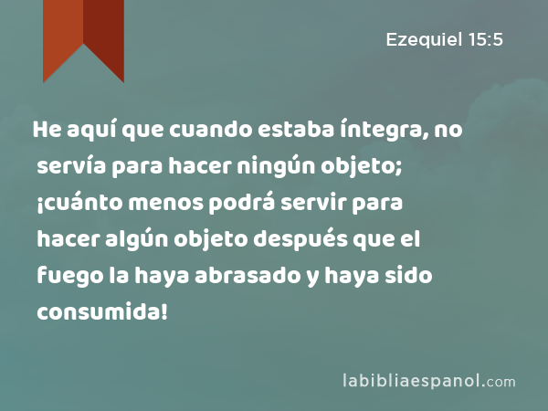 He aquí que cuando estaba íntegra, no servía para hacer ningún objeto; ¡cuánto menos podrá servir para hacer algún objeto después que el fuego la haya abrasado y haya sido consumida! - Ezequiel 15:5