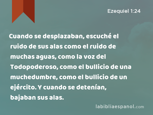 Cuando se desplazaban, escuché el ruido de sus alas como el ruido de muchas aguas, como la voz del Todopoderoso, como el bullicio de una muchedumbre, como el bullicio de un ejército. Y cuando se detenían, bajaban sus alas. - Ezequiel 1:24