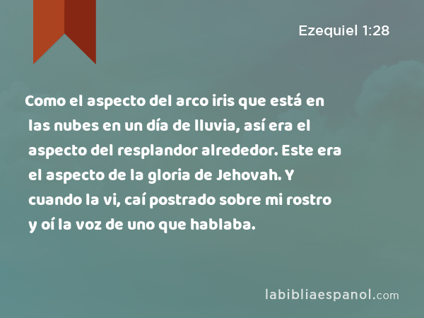 Como el aspecto del arco iris que está en las nubes en un día de lluvia, así era el aspecto del resplandor alrededor. Este era el aspecto de la gloria de Jehovah. Y cuando la vi, caí postrado sobre mi rostro y oí la voz de uno que hablaba. - Ezequiel 1:28