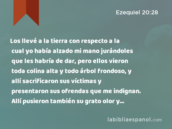 Los llevé a la tierra con respecto a la cual yo había alzado mi mano jurándoles que les habría de dar, pero ellos vieron toda colina alta y todo árbol frondoso, y allí sacrificaron sus víctimas y presentaron sus ofrendas que me indignan. Allí pusieron también su grato olor y allí derramaron sus libaciones. - Ezequiel 20:28