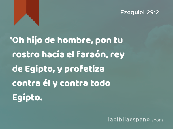 'Oh hijo de hombre, pon tu rostro hacia el faraón, rey de Egipto, y profetiza contra él y contra todo Egipto. - Ezequiel 29:2