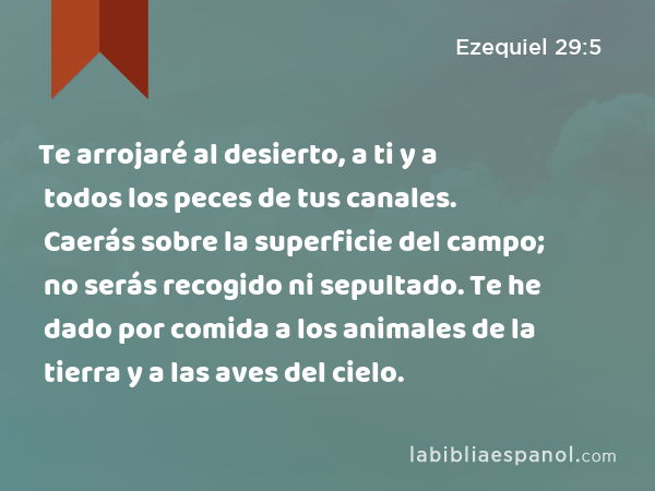 Te arrojaré al desierto, a ti y a todos los peces de tus canales. Caerás sobre la superficie del campo; no serás recogido ni sepultado. Te he dado por comida a los animales de la tierra y a las aves del cielo. - Ezequiel 29:5