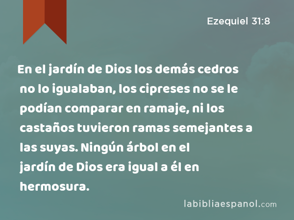 En el jardín de Dios los demás cedros no lo igualaban, los cipreses no se le podían comparar en ramaje, ni los castaños tuvieron ramas semejantes a las suyas. Ningún árbol en el jardín de Dios era igual a él en hermosura. - Ezequiel 31:8