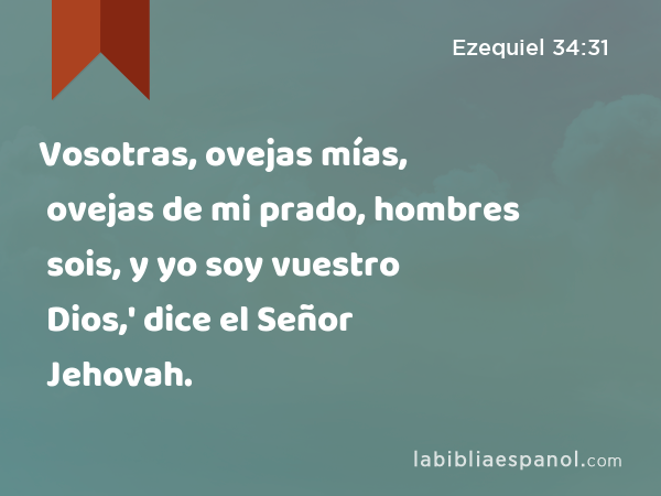 Vosotras, ovejas mías, ovejas de mi prado, hombres sois, y yo soy vuestro Dios,' dice el Señor Jehovah. - Ezequiel 34:31