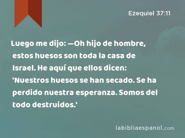 Luego me dijo: —Oh hijo de hombre, estos huesos son toda la casa de Israel. He aquí que ellos dicen: 'Nuestros huesos se han secado. Se ha perdido nuestra esperanza. Somos del todo destruidos.' - Ezequiel 37:11