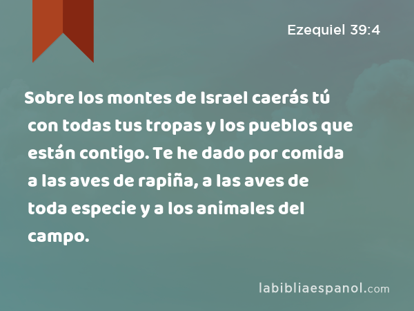 Sobre los montes de Israel caerás tú con todas tus tropas y los pueblos que están contigo. Te he dado por comida a las aves de rapiña, a las aves de toda especie y a los animales del campo. - Ezequiel 39:4