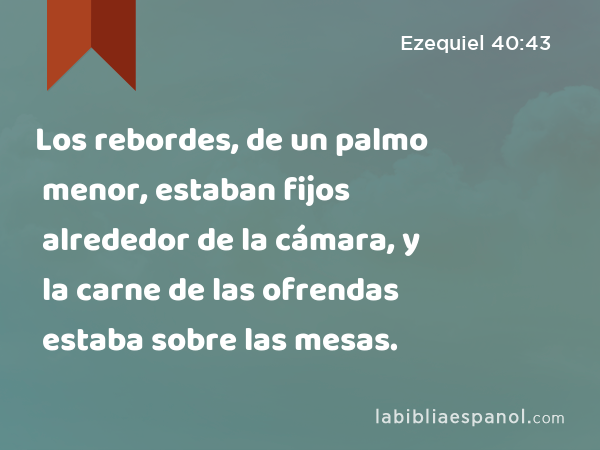 Los rebordes, de un palmo menor, estaban fijos alrededor de la cámara, y la carne de las ofrendas estaba sobre las mesas. - Ezequiel 40:43