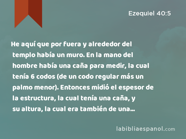 He aquí que por fuera y alrededor del templo había un muro. En la mano del hombre había una caña para medir, la cual tenía 6 codos (de un codo regular más un palmo menor). Entonces midió el espesor de la estructura, la cual tenía una caña, y su altura, la cual era también de una caña. - Ezequiel 40:5