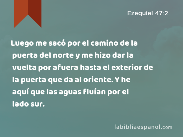 Luego me sacó por el camino de la puerta del norte y me hizo dar la vuelta por afuera hasta el exterior de la puerta que da al oriente. Y he aquí que las aguas fluían por el lado sur. - Ezequiel 47:2