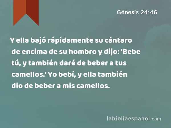 Y ella bajó rápidamente su cántaro de encima de su hombro y dijo: 'Bebe tú, y también daré de beber a tus camellos.' Yo bebí, y ella también dio de beber a mis camellos. - Génesis 24:46