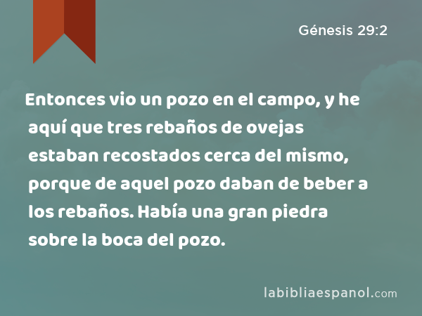 Entonces vio un pozo en el campo, y he aquí que tres rebaños de ovejas estaban recostados cerca del mismo, porque de aquel pozo daban de beber a los rebaños. Había una gran piedra sobre la boca del pozo. - Génesis 29:2