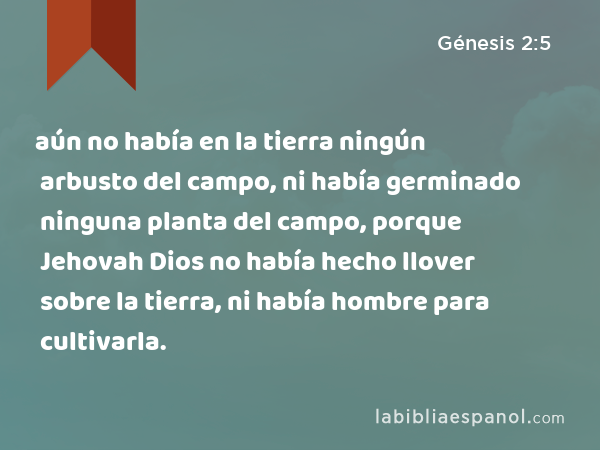 aún no había en la tierra ningún arbusto del campo, ni había germinado ninguna planta del campo, porque Jehovah Dios no había hecho llover sobre la tierra, ni había hombre para cultivarla. - Génesis 2:5