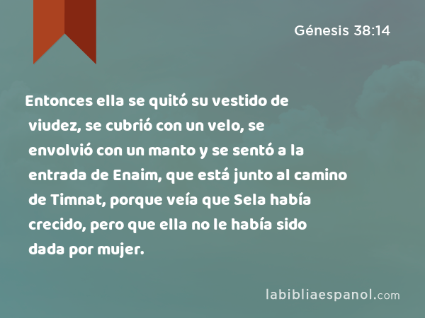 Entonces ella se quitó su vestido de viudez, se cubrió con un velo, se envolvió con un manto y se sentó a la entrada de Enaim, que está junto al camino de Timnat, porque veía que Sela había crecido, pero que ella no le había sido dada por mujer. - Génesis 38:14