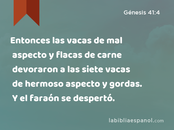 Entonces las vacas de mal aspecto y flacas de carne devoraron a las siete vacas de hermoso aspecto y gordas. Y el faraón se despertó. - Génesis 41:4