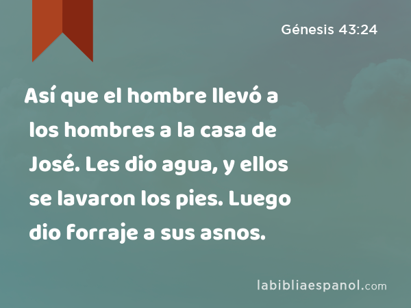 Así que el hombre llevó a los hombres a la casa de José. Les dio agua, y ellos se lavaron los pies. Luego dio forraje a sus asnos. - Génesis 43:24