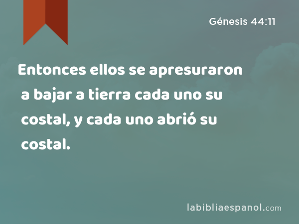 Entonces ellos se apresuraron a bajar a tierra cada uno su costal, y cada uno abrió su costal. - Génesis 44:11