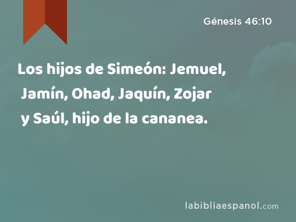 Los hijos de Simeón: Jemuel, Jamín, Ohad, Jaquín, Zojar y Saúl, hijo de la cananea. - Génesis 46:10