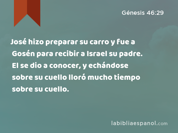 José hizo preparar su carro y fue a Gosén para recibir a Israel su padre. El se dio a conocer, y echándose sobre su cuello lloró mucho tiempo sobre su cuello. - Génesis 46:29