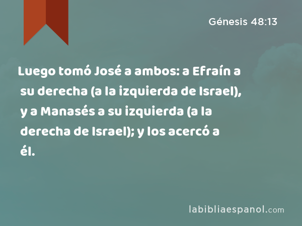 Luego tomó José a ambos: a Efraín a su derecha (a la izquierda de Israel), y a Manasés a su izquierda (a la derecha de Israel); y los acercó a él. - Génesis 48:13