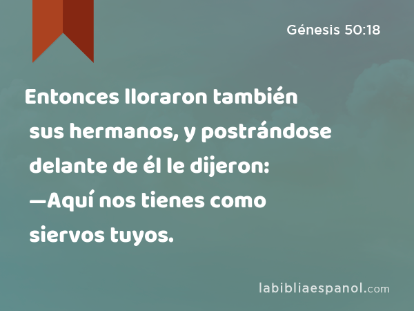 Entonces lloraron también sus hermanos, y postrándose delante de él le dijeron: —Aquí nos tienes como siervos tuyos. - Génesis 50:18