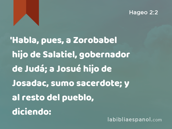 'Habla, pues, a Zorobabel hijo de Salatiel, gobernador de Judá; a Josué hijo de Josadac, sumo sacerdote; y al resto del pueblo, diciendo: - Hageo 2:2