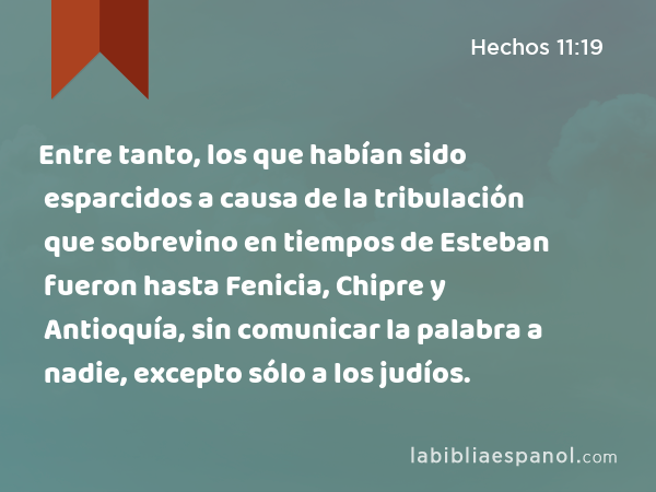 Entre tanto, los que habían sido esparcidos a causa de la tribulación que sobrevino en tiempos de Esteban fueron hasta Fenicia, Chipre y Antioquía, sin comunicar la palabra a nadie, excepto sólo a los judíos. - Hechos 11:19