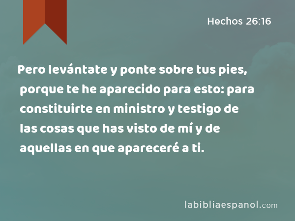 Pero levántate y ponte sobre tus pies, porque te he aparecido para esto: para constituirte en ministro y testigo de las cosas que has visto de mí y de aquellas en que apareceré a ti. - Hechos 26:16