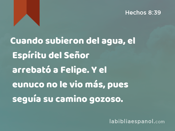 Cuando subieron del agua, el Espíritu del Señor arrebató a Felipe. Y el eunuco no le vio más, pues seguía su camino gozoso. - Hechos 8:39