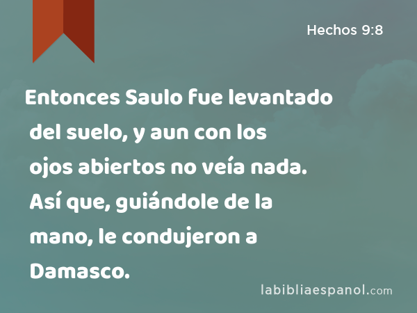 Entonces Saulo fue levantado del suelo, y aun con los ojos abiertos no veía nada. Así que, guiándole de la mano, le condujeron a Damasco. - Hechos 9:8