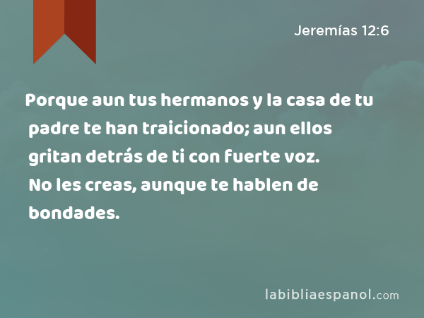 Porque aun tus hermanos y la casa de tu padre te han traicionado; aun ellos gritan detrás de ti con fuerte voz. No les creas, aunque te hablen de bondades. - Jeremías 12:6