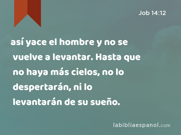 así yace el hombre y no se vuelve a levantar. Hasta que no haya más cielos, no lo despertarán, ni lo levantarán de su sueño. - Job 14:12