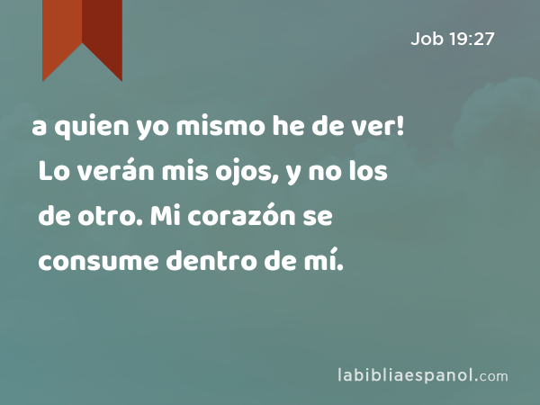 a quien yo mismo he de ver! Lo verán mis ojos, y no los de otro. Mi corazón se consume dentro de mí. - Job 19:27