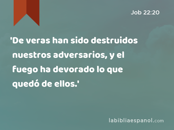 'De veras han sido destruidos nuestros adversarios, y el fuego ha devorado lo que quedó de ellos.' - Job 22:20