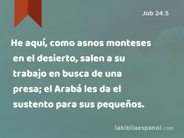 He aquí, como asnos monteses en el desierto, salen a su trabajo en busca de una presa; el Arabá les da el sustento para sus pequeños. - Job 24:5