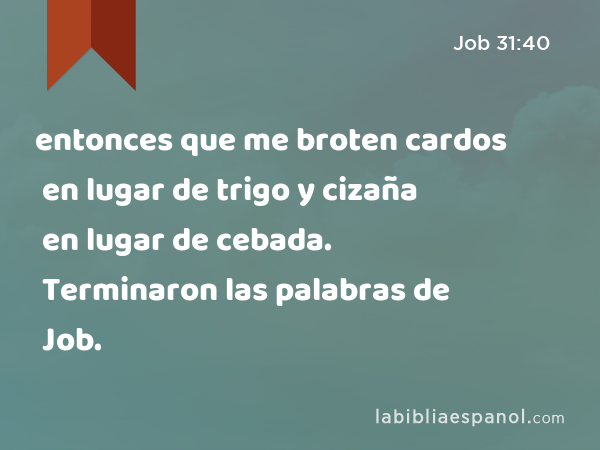 entonces que me broten cardos en lugar de trigo y cizaña en lugar de cebada. Terminaron las palabras de Job. - Job 31:40