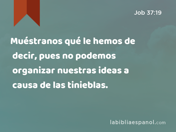 Muéstranos qué le hemos de decir, pues no podemos organizar nuestras ideas a causa de las tinieblas. - Job 37:19