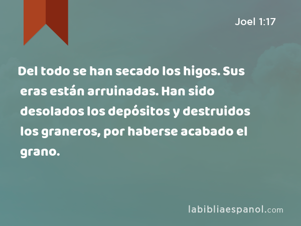 Del todo se han secado los higos. Sus eras están arruinadas. Han sido desolados los depósitos y destruidos los graneros, por haberse acabado el grano. - Joel 1:17