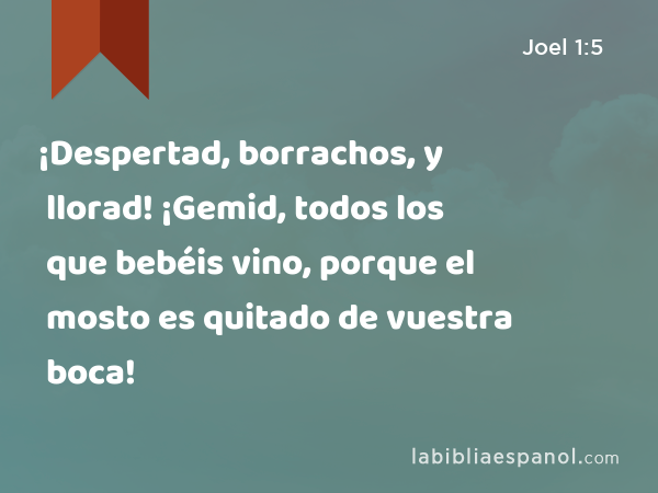 ¡Despertad, borrachos, y llorad! ¡Gemid, todos los que bebéis vino, porque el mosto es quitado de vuestra boca! - Joel 1:5