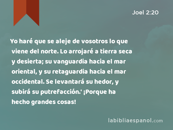 Yo haré que se aleje de vosotros lo que viene del norte. Lo arrojaré a tierra seca y desierta; su vanguardia hacia el mar oriental, y su retaguardia hacia el mar occidental. Se levantará su hedor, y subirá su putrefacción.' ¡Porque ha hecho grandes cosas! - Joel 2:20