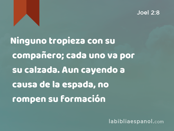 Ninguno tropieza con su compañero; cada uno va por su calzada. Aun cayendo a causa de la espada, no rompen su formación - Joel 2:8