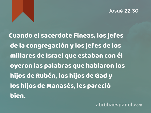 Cuando el sacerdote Fineas, los jefes de la congregación y los jefes de los millares de Israel que estaban con él oyeron las palabras que hablaron los hijos de Rubén, los hijos de Gad y los hijos de Manasés, les pareció bien. - Josué 22:30