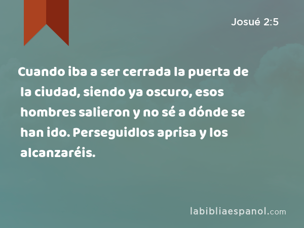 Cuando iba a ser cerrada la puerta de la ciudad, siendo ya oscuro, esos hombres salieron y no sé a dónde se han ido. Perseguidlos aprisa y los alcanzaréis. - Josué 2:5