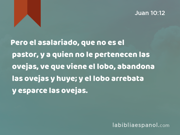 Pero el asalariado, que no es el pastor, y a quien no le pertenecen las ovejas, ve que viene el lobo, abandona las ovejas y huye; y el lobo arrebata y esparce las ovejas. - Juan 10:12