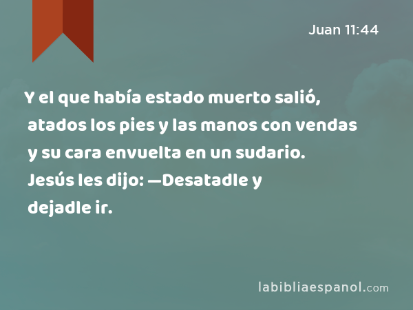 Y el que había estado muerto salió, atados los pies y las manos con vendas y su cara envuelta en un sudario. Jesús les dijo: —Desatadle y dejadle ir. - Juan 11:44