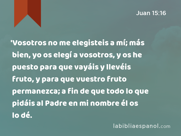 'Vosotros no me elegisteis a mí; más bien, yo os elegí a vosotros, y os he puesto para que vayáis y llevéis fruto, y para que vuestro fruto permanezca; a fin de que todo lo que pidáis al Padre en mi nombre él os lo dé. - Juan 15:16