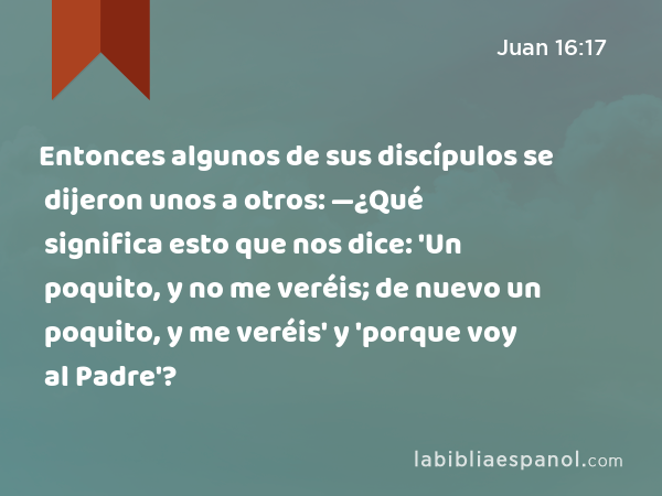 Entonces algunos de sus discípulos se dijeron unos a otros: —¿Qué significa esto que nos dice: 'Un poquito, y no me veréis; de nuevo un poquito, y me veréis' y 'porque voy al Padre'? - Juan 16:17