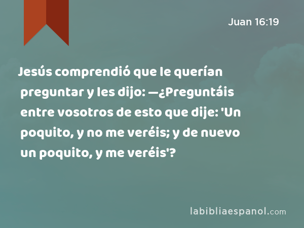 Jesús comprendió que le querían preguntar y les dijo: —¿Preguntáis entre vosotros de esto que dije: 'Un poquito, y no me veréis; y de nuevo un poquito, y me veréis'? - Juan 16:19