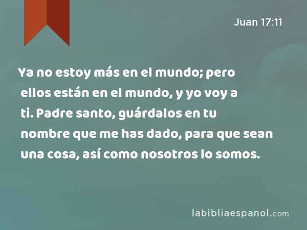 Ya no estoy más en el mundo; pero ellos están en el mundo, y yo voy a ti. Padre santo, guárdalos en tu nombre que me has dado, para que sean una cosa, así como nosotros lo somos. - Juan 17:11